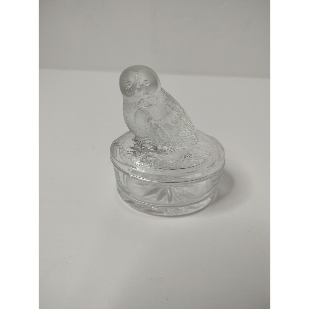 Vintage Beautiful French Luminarc Clear Pressed Glass Owl Trinket Box